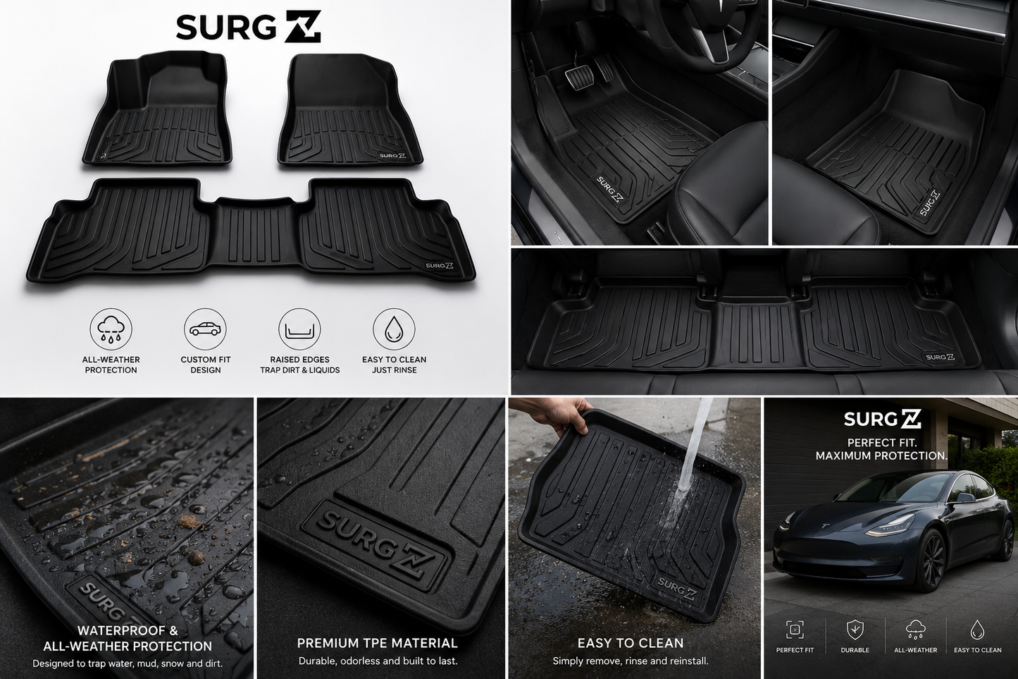 Surgz™ All-Weather Floor Mats for Tesla Model 3 Highland (2024–2026)